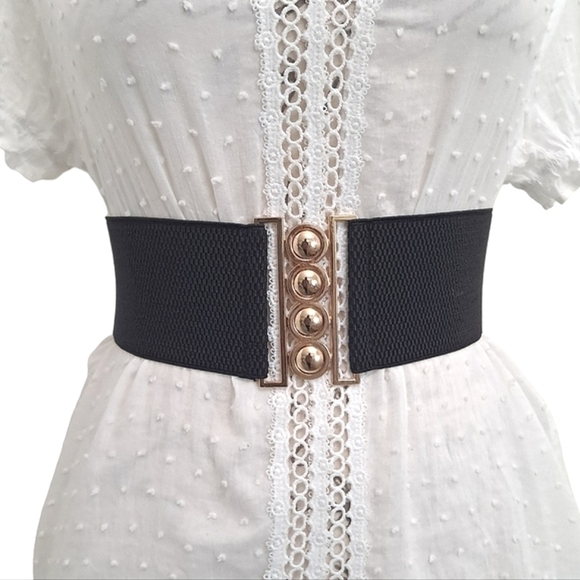 Ladies Black Extra wide waist Stretch corset elastic Belt Gold dots buckle belt - Picture 1 of 10
